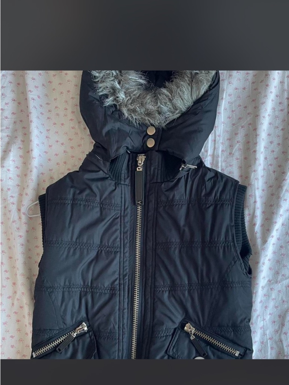 Black Quilted Hooded Puffer Vest with Faux Fur Trim